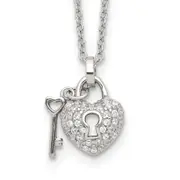 Sterling Silver Rhodium Plated Polished Key And Cz Lock 16.5 Inch Necklace With 2 Extension