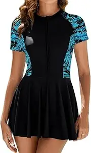 [AutoWT] Women's One Piece Short Sleeve Swimsuits, Zip Front Swim Dress Swimwear with Bikini Bottoms and Built in Bra, Quick Dry Modest Bathing Suit for Women