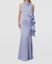 $395 Aidan Mattox Women's Blue Satin Draped Halter Mermaid Dress 14