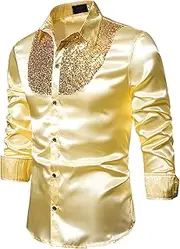 [YILEEGOO] Men's Shiny Satin Sequins Button Up Dress Shirts Long Sleeve Slim Fit Disco Party Prom Wedding Shirts Costume
