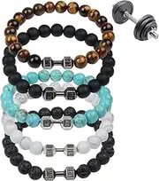 [DEFUAUKE] Dumbbell Bracelet for Men Gym Bracelet,5pcs Volcanic Lava Stone Adjustable Natural Stone Beads Bracelet Fitness Barbell Jewelry for Men, Thermoplastic Polyurethane Stone, bloodstone