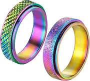 Hothink Anxiety Rings Fidget Rings for Women Spinner Rings for Teen Girls 4Pcs 6MM Rainbow Titanium Steel Rings Size 5-11