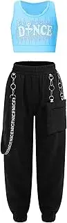 [FEESHOW] Kids Girls Hip Hop Dance Clothes Crop Top with Cargo Pant Dance Outfit Sport Dancewear