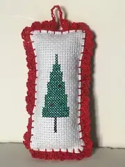 finished completed cross stitch beaded tree Ornament hand crocheted border