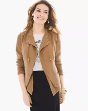 Chicos Jacket Women Open Front Laced Collar Grommet Butterscotch Brown 3 XL NWT