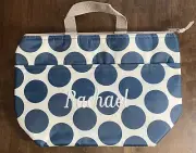Thirty One Zip Top Navy Polka Dot Lunch Bag Thermal Tote with “Rachel” Monogram