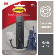Command 17036MB-ES Plastic/Metal Matte Black Large Double Hook 3 lbs. Capacity