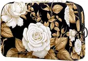 Makeup Bag Small,Makeup Travel Bag,White Rose Flower Golden Leaves,Makeup Organizer Bag