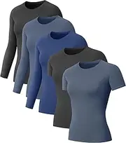 [NebuKinex] 5-Pack Women's Compression Shirts Long & Short Sleeve Workout Tops Athletic Baselayer Quick Dry Gym Yoga Running T-Shirt