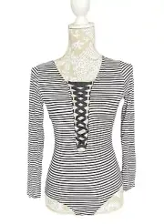 Charlotte Russe Black & White Bodysuit Top With Stripes And Cross Tie NEW Size M