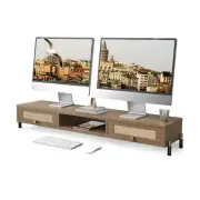 Fenge Dual Monitor Stand with Storage, Long Wooden Monitor Riser for Desk wit...