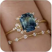[Cutesmile] 2pcs Gold Ring Set Fashion Simple Tiny 14k Gold Filled Perfect Princess Cut Peacock Blue Gemstone CZ Crystal Diamond Engagement Wedding Rings Set Size 5-11 for Women Girls