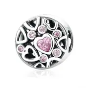 Silver plating Pink Stone Heart To Heart Beads Charms Fit Women Bracelets & Necklaces Jewelry