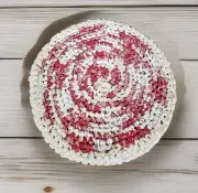 Round Handmade Crocheted 23 Inch Rag Rug Red Beige Tiny Bears New