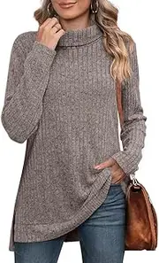 [ZPLxi] Women's Long Sleeve Tops Turtleneck Jumpers Fall Winter Vintage Sweaters 2025 Side Splits Tunic Tops (AU, Alpha, Small, Regular, Regular, Grey)