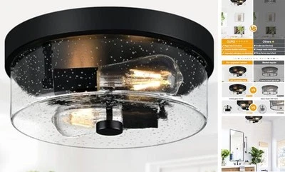 Black Flush Mount Ceiling Light Fixtures, 2-Light Ceiling Mount for Farmhouse