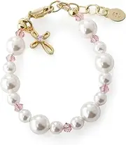 [Cherished Moments] Children's First Communion 14K Gold-Plated Pink Cross Bracelet with High-End Simulated Pearls For Girls Communion Gift