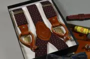 SUSPENDERS BURGUNDY ELASTIC & LEATHER MEN DESIGN HANDMADE SPAIN CLIP & BUTTON T2