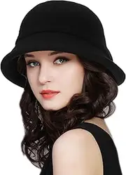 [INOGIH] Womens 1920s Vintage Upturn Brim Wool Blend Cloche Church Hat Winter Felt Bucket Bowler Hat Crushable Foldable