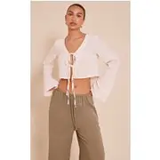 Sand Textured Tie Front Detail Blouse, Sand