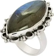 [MOONEYE] Marquise Shape Labradorite Gemstone 925 Sterling Silver Women Promise Wedding Ring