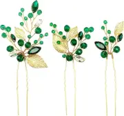 Crystal Wedding Hair Pins Emerald Green Rhinestone Gold Leaf Vine Bridal Hair Pi