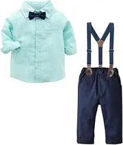 [SANGTREE] Baby Boy's Formal Outfit, Long Sleeves Button Down Pin Stripes Dress Shirt with Bow Tie + Suspender Pants Set for Toddlers Baby & Little Boys; 2 Pieces Baby Gift Clothes, Green, 18M - 24M = Tag 100