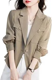 [Mywinway] Cropped Blazers for Women Fall Long Sleeve Open Front Blazer Trench Coat Work Office Suit Jackets