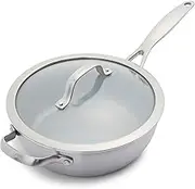 GreenPan Venice Pro Tri-Ply Stainless Steel Healthy Ceramic Nonstick 3QT Chef Saute Pan with Helper Handle and Lid, PFAS-Free, Multi Clad, Induction, Dishwasher Safe, Oven Safe, Silver