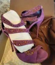GUCCI Womens EU 39 8.5 US PURPLE SUEDE LEATHER HEELS SHOE PLATFORM OPEN TOE NEW