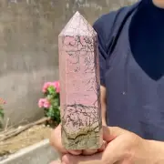 1.7lbNatural Rhodonite Quartz Obelisk Crystal Wand Point Rose Tower Reiki Energy