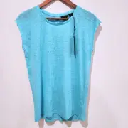 Tahari Light Blue 100% Linen Button Back Sleeveless Blouse Size S NEW Beach