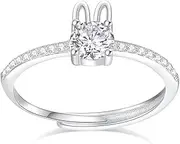 [LavieLamour] Cute Adorable Bunny Rabbit Rings White Cubic Zirconia Sparkling Animal Fashion Rings Thin Adjustable Wrap Open Rings for Women, Silver Plated, Metal, Cubic Zirconia