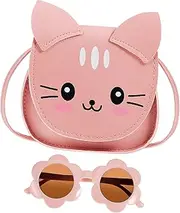 [Ipetboom] Animal Purse with Flower Sunglasses Cat Crossbody Bag for Girls Kawaii Kitten Purse Set Teen Storage Bag Fashionable Present for Boys and Girls