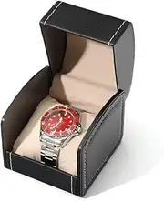 [TOOGABBIE] Watch Box, Watch Case, Watch Display Box with Removable Watch Pillows, Metal Clasp, Gift Idea, Black Synthetic Leather With Beige Lining