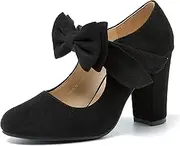 MAIERNISI JESSI Women's Bowknot Mary Jane Block Heel Round Pumps Closed Toe Dress Shoes