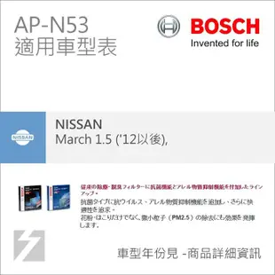 ✚久大電池❚ 德國 BOSCH 日本原裝進口 AP-N53 冷氣濾網 日產 NISSAN March 1.5 2012~