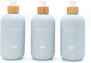 Shampoo and Conditioner Dispenser - Modern Refillable Shower Soap Container Set of 3, Light Blue Plastic Bottles with Waterproof Ink Printed On The Bottle, Empty Bottles & Bamboo Pumps