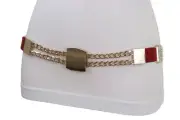 Women Red Elastic Waistband Going Out Party Belt Gold Metal Square Buckle S M