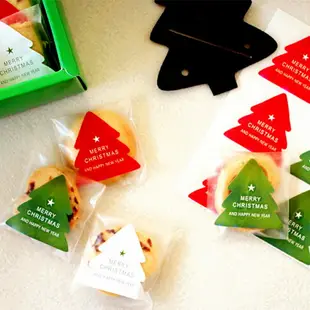 紅綠白三色聖誕樹與新年快樂造型包裝貼紙 (10枚入)【BlueCat】【XM0128】