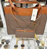 Michael Kors Jet Set Travel Large Brown Pocket Tote with Snap Wallet Handbag Set