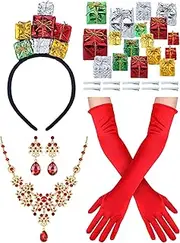 [Fourluoo] 3 Pcs Halloween Christmas Costume Set Includes Colorful Christmas Headband Red Long Party Gloves and Crystal Elegant Bridal Floral Cluster Teardrop Statement Necklace Earrings Set