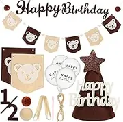 1Set Bear Themed Birthday Decoration Includes Bear Banner Cone Hat Balloons Easy Setup for Indoor Outdoor Use for First Birthday Celebrations and Sweet Memories
