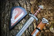 Hand Forged Damascus Viking Sword with Engraved Wooden Scabbard Battle Ready