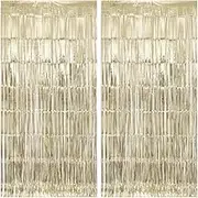 Stafih Foil Fringe Curtains 2PCS 8ft x 3ft Metallic Tinsel Photo Booth Backdrop for Wedding Birthday Bachelorette Christmas Party Decorations(Champagne)