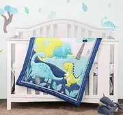 YJM Dinosaur Crib Bedding Sets for Baby Boys,Yellow/Navy Blue Nursery Crib Set, 4 PC Crib Sets Including 1 Crib Skirt, 1 Crib Quilt, 2 Crib Sheet