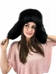 Finn Fox Fur Hat With Black Leather Saga Furs Trapper Fur Hat Jet Black Fur Hat