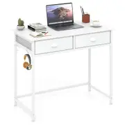 Costway Fabric Drawers Computer Desk Metal Frame Home Office Study Desk w/4 Hanging Hooks White