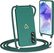 Noyabox Mobile Phone Case with Strap for Samsung Galaxy A14 4G/5G, Golden Heart Silicone for Hanging, Mobile Phone Chain with Removable Cord, Necklace Case, Shockproof with Camera Protection, Green