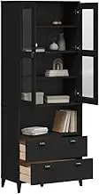 VIKEN Black Solid Pine Wood Highboard, 80x40x200 cm, Kitchen & Dining Storage Cabinet with Glass Doors